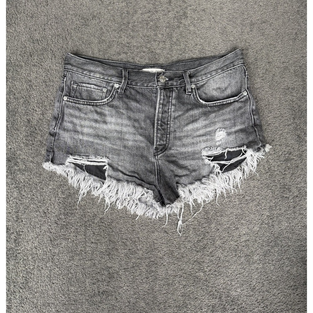We The Free Free People Distressed Denim Shorts Grey Button Fly Cut Off Size 28